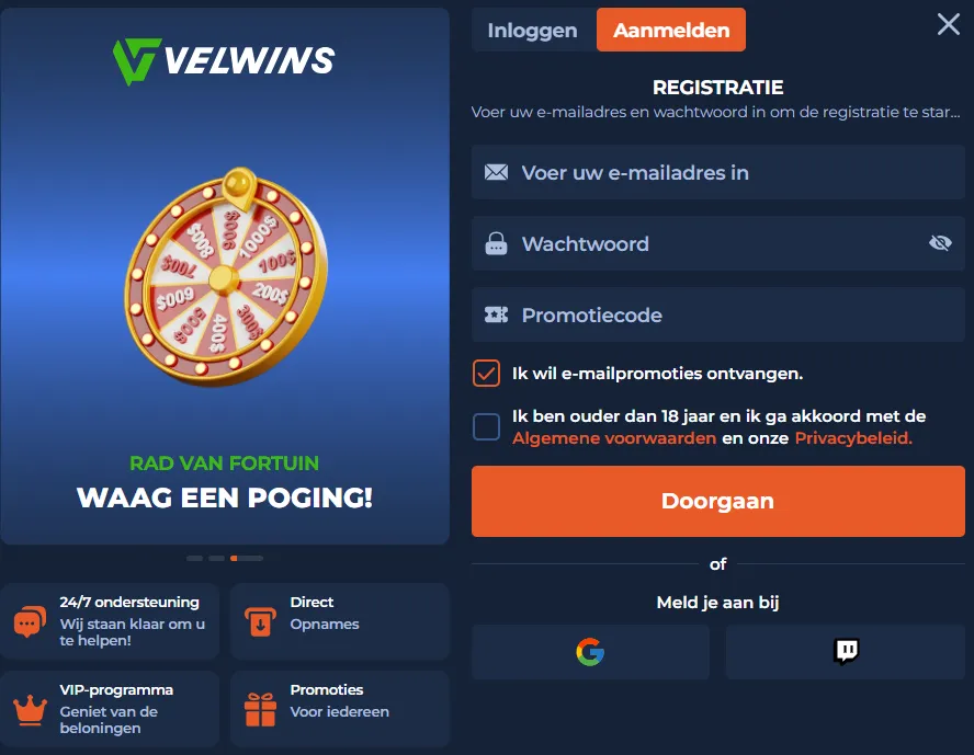 Velwins Casino registr